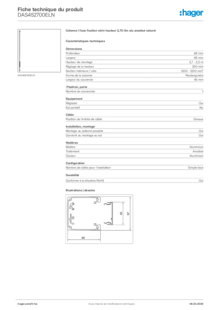 Image Hager Fiche technique du produit DAS452700ELN | Hager Belgique