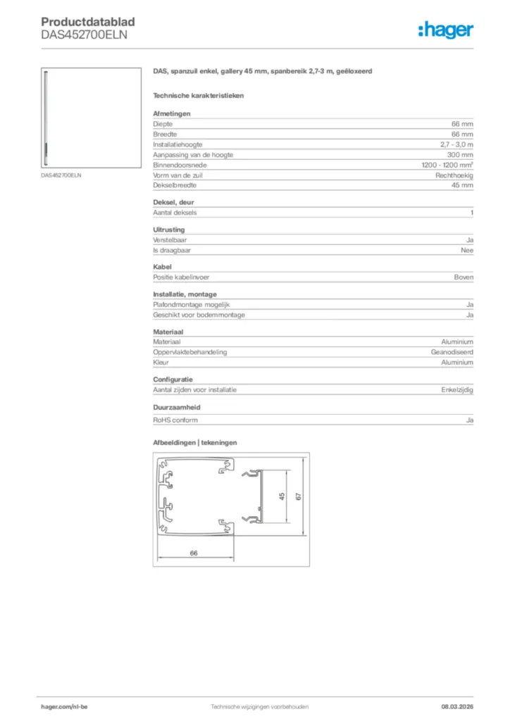 Afbeelding Hager Productdatablad DAS452700ELN | Hager Belgium