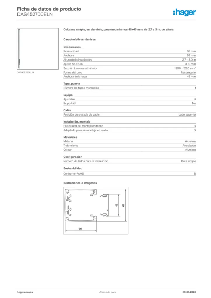 Imagen Hager Ficha de datos de producto DAS452700ELN | Hager España