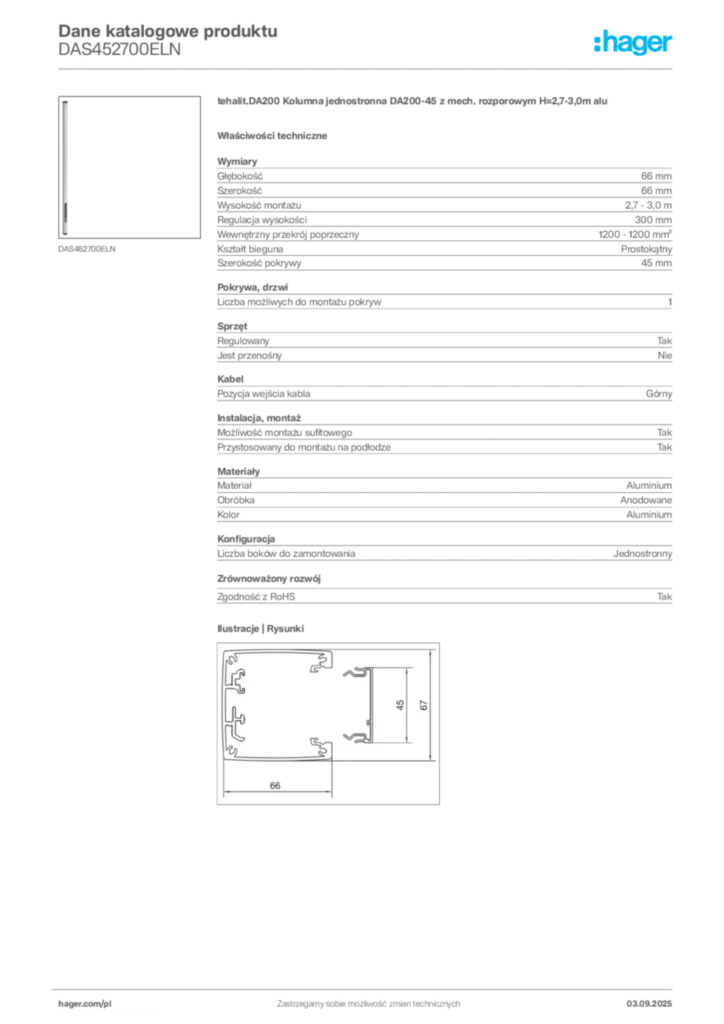 Zdjęcie Hager Karta katalogowa DAS452700ELN | Hager Polska