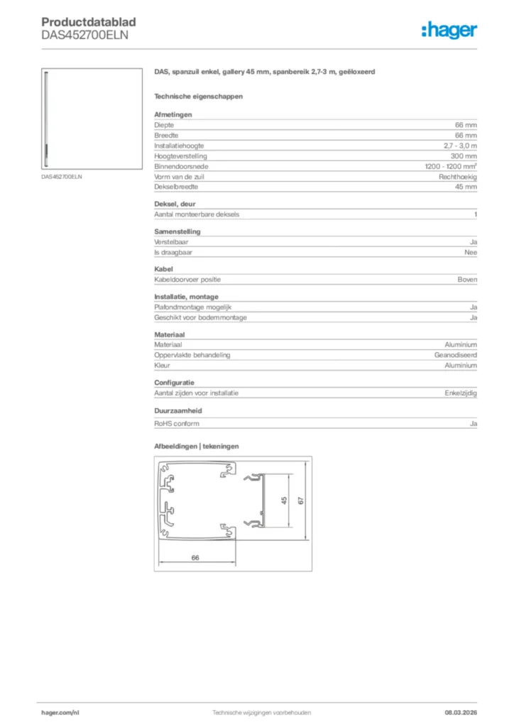 Afbeelding Hager Productdatablad DAS452700ELN | Hager Nederland