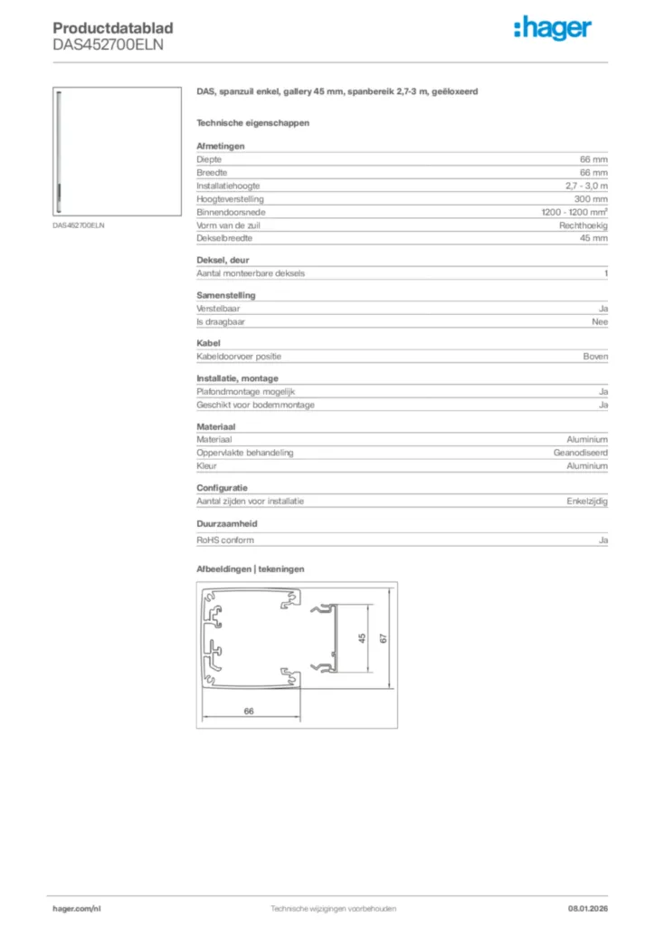 Afbeelding Hager Productdatablad DAS452700ELN | Hager Nederland
