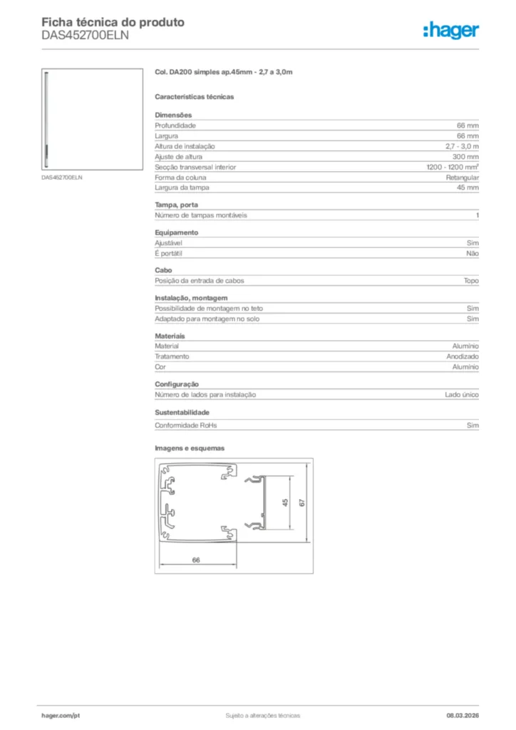 Imagem Hager Ficha técnica do produto DAS452700ELN | Hager Portugal
