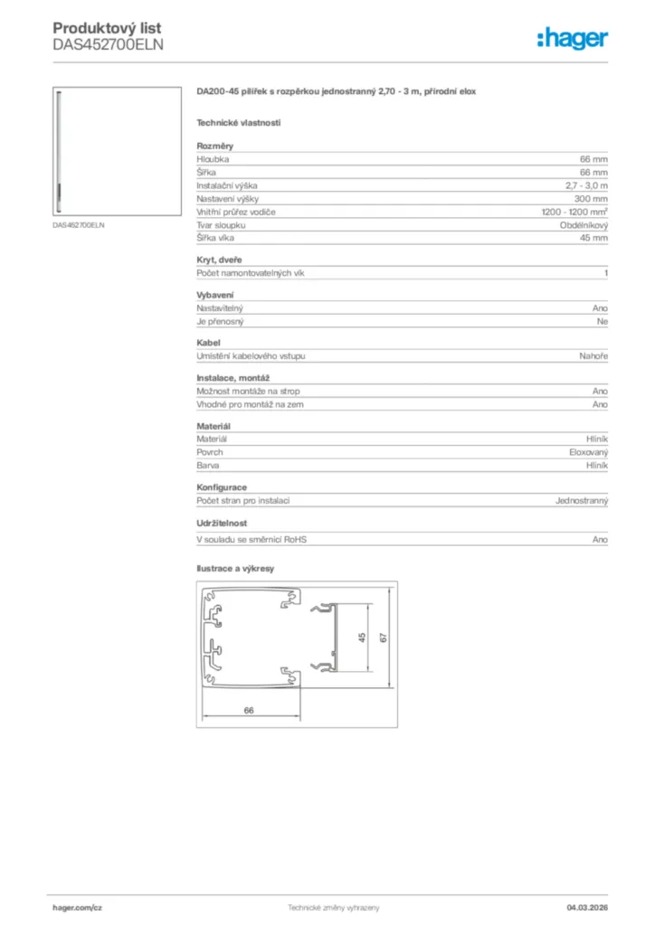 Obrázek Hager Product data sheet DAS452700ELN | Hager