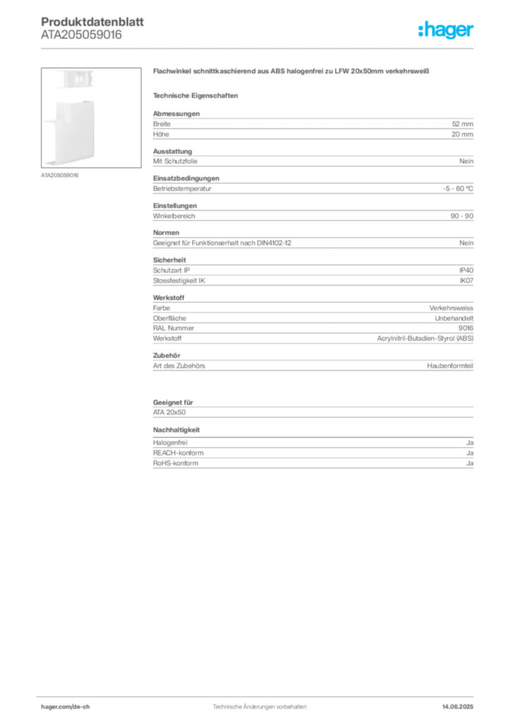 Bild Hager Produktdatenblatt ATA205059016 | Hager Schweiz