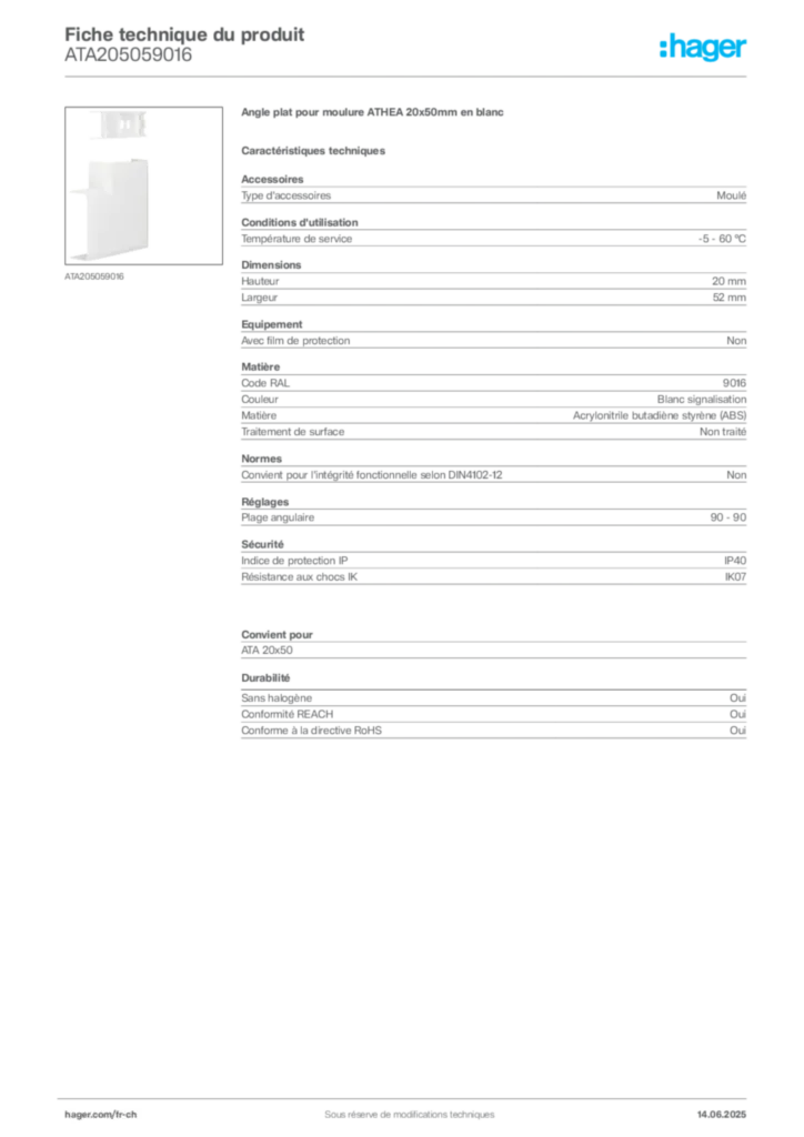 Image Hager Fiche technique du produit ATA205059016 | Hager Suisse
