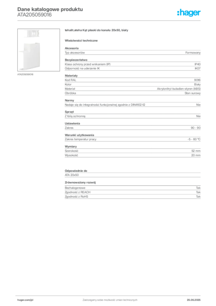 Zdjęcie Hager Karta katalogowa ATA205059016 | Hager Polska