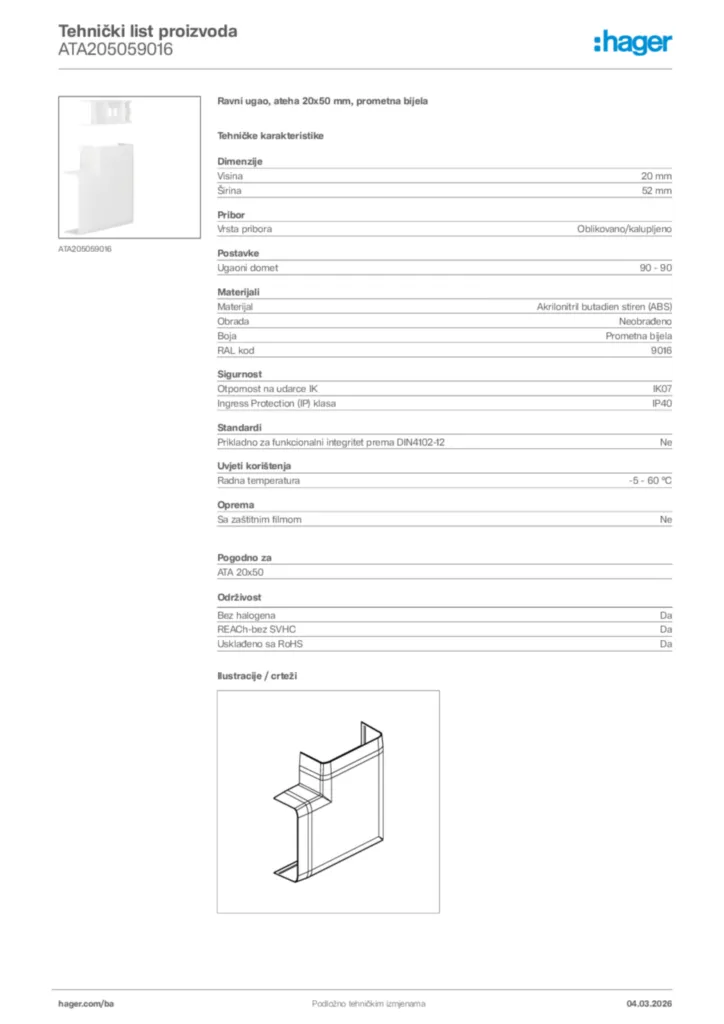 Slika Hager Tehnički list proizvoda ATA205059016  | Hager