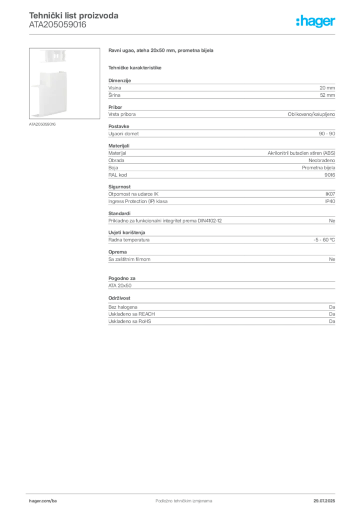 Slika Hager Product data sheet ATA205059016  | Hager