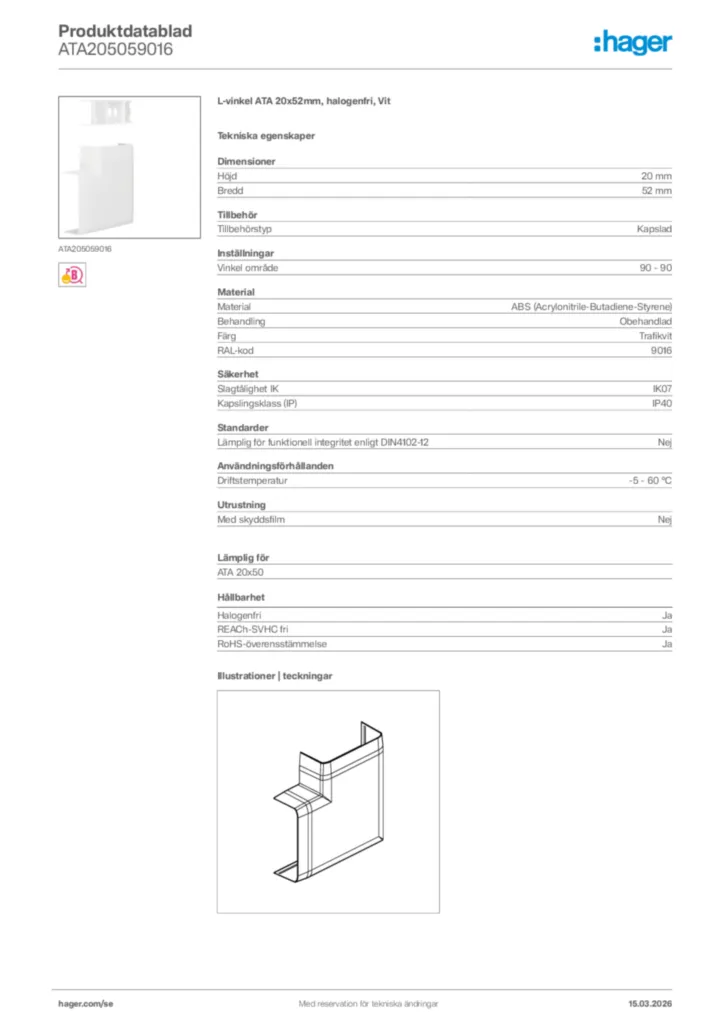 Bild Hager Produktdatablad ATA205059016 | Hager Sverige