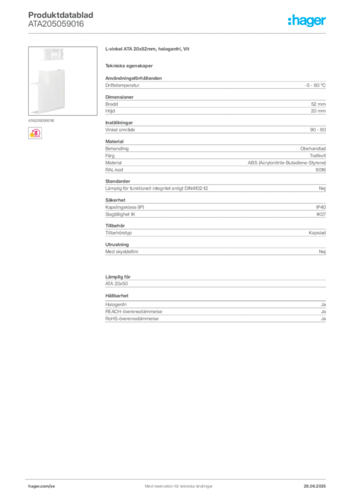 Bild Hager Produktdatablad ATA205059016 | Hager Sverige