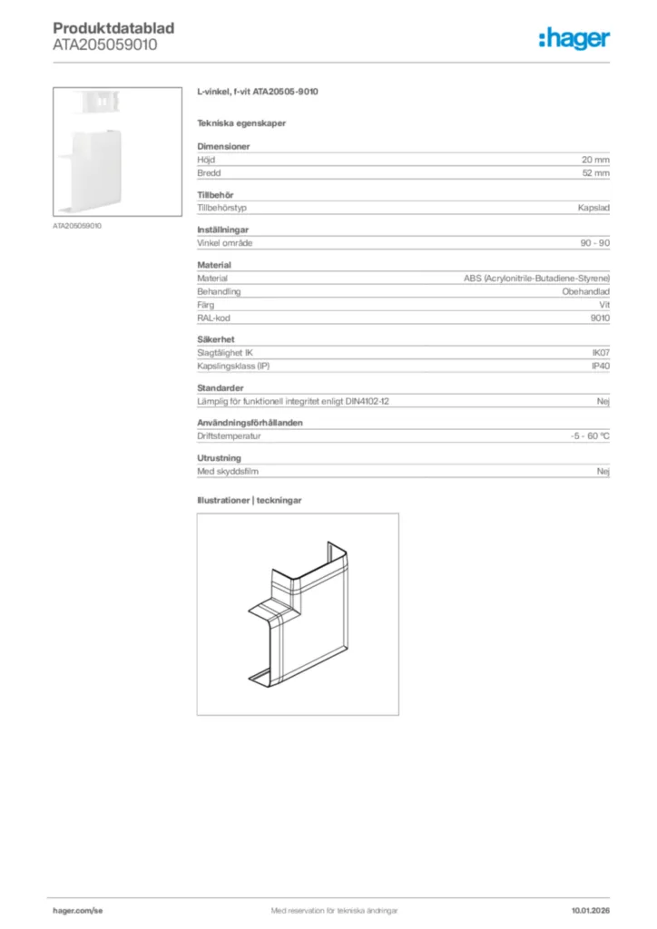 Bild Hager Produktdatablad ATA205059010 | Hager Sverige