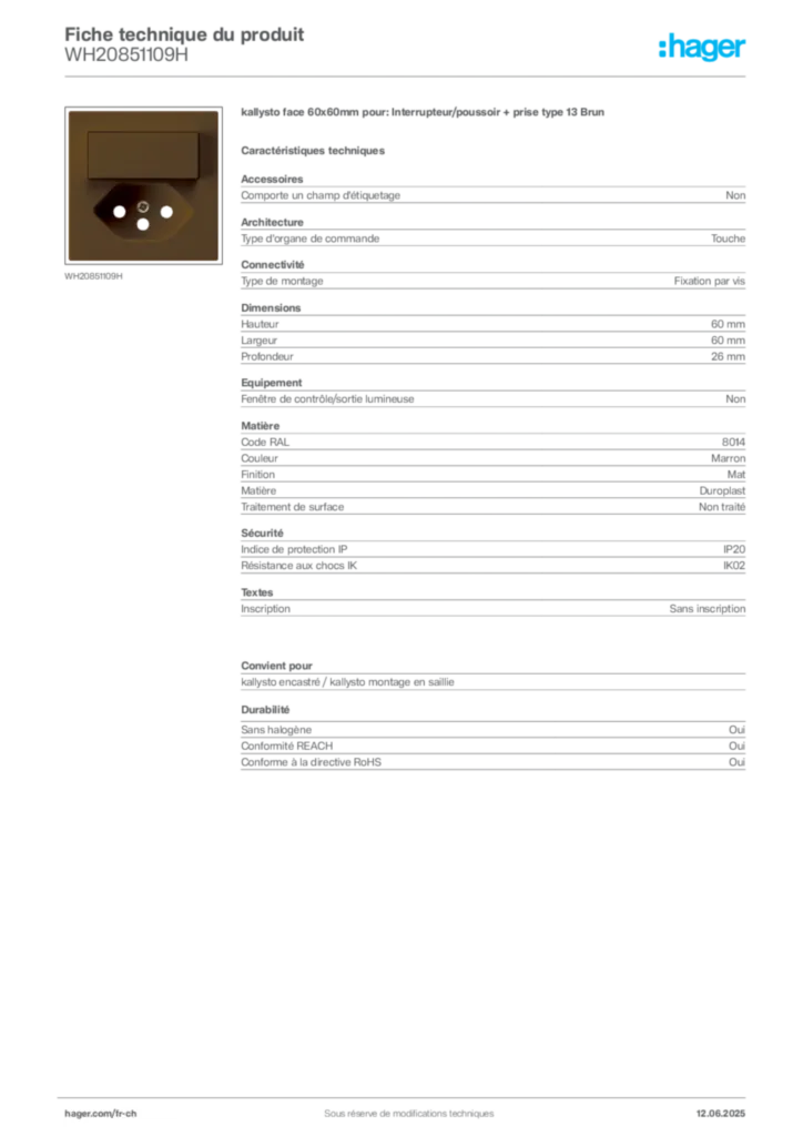 Image Hager Fiche technique du produit WH20851109H | Hager Suisse