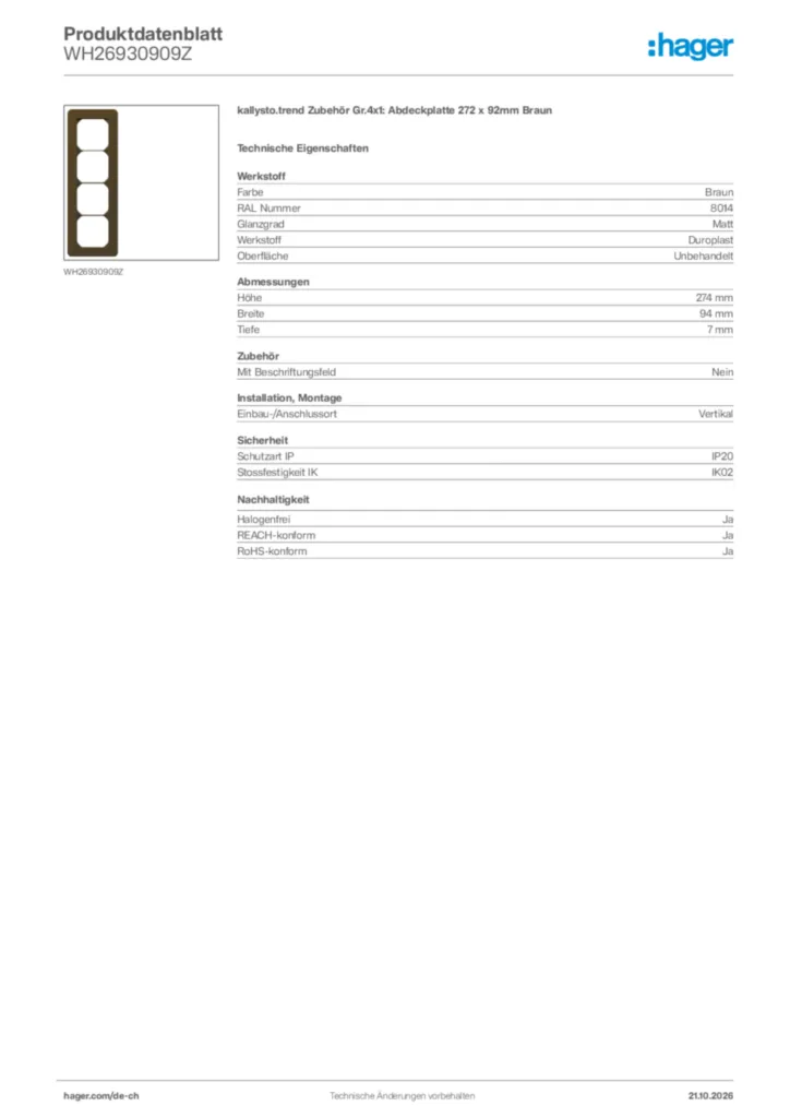 Bild Hager Produktdatenblatt WH26930909Z | Hager Schweiz