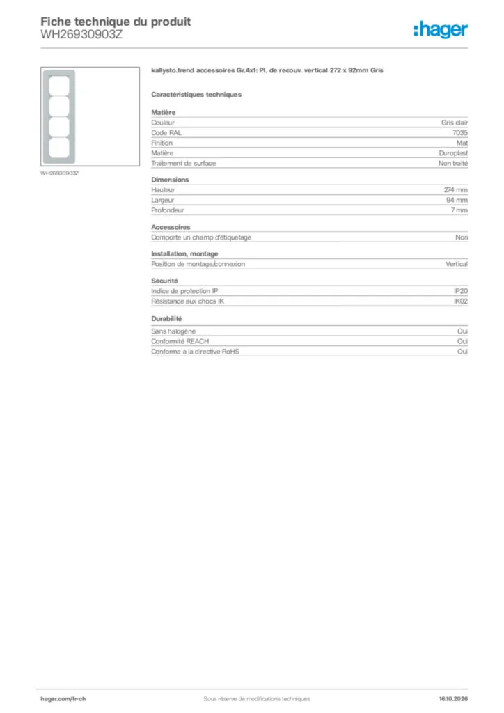 Image Hager Fiche technique du produit WH26930903Z | Hager Suisse