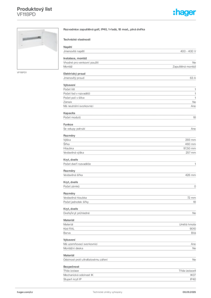 Obrázek Hager Produktový list VF118PD | Hager
