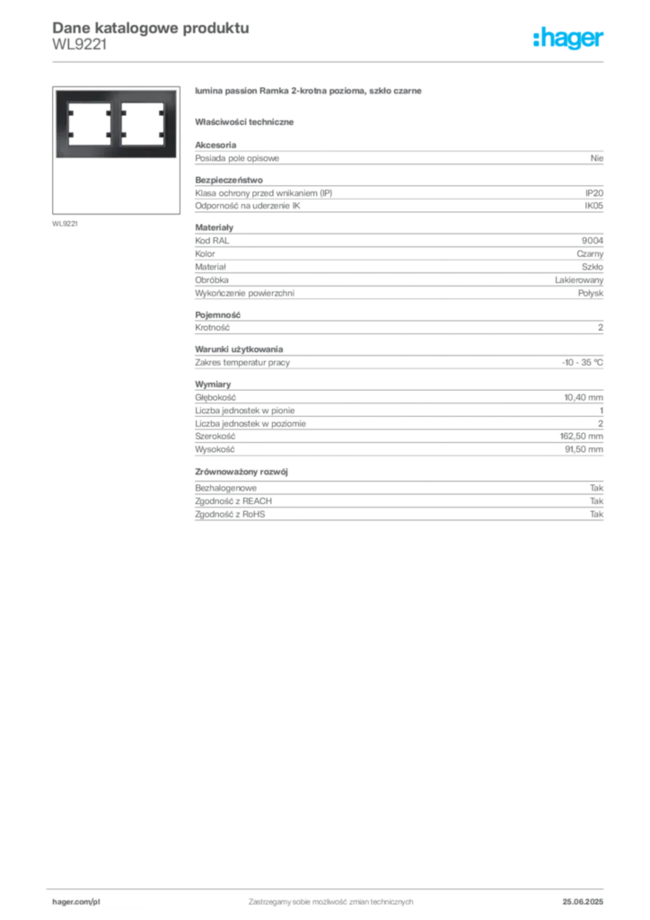Zdjęcie Hager Karta katalogowa WL9221 | Hager Polska