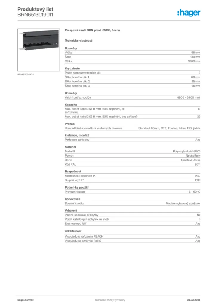 Obrázek Hager Product data sheet BRN6513019011 | Hager