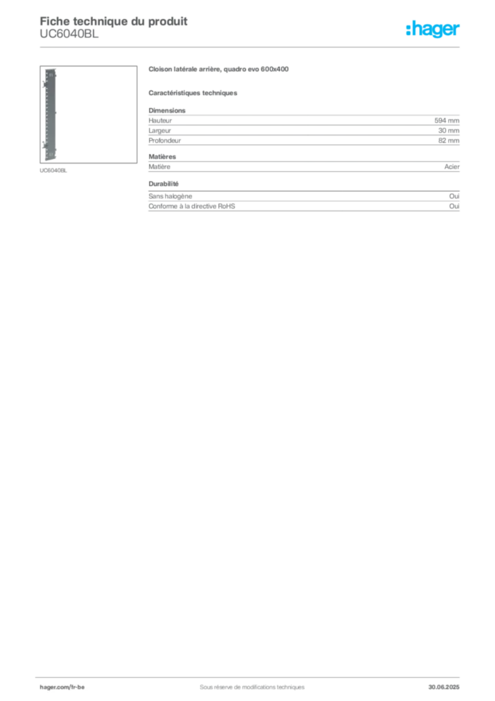 Image Hager Fiche technique du produit UC6040BL | Hager Belgique