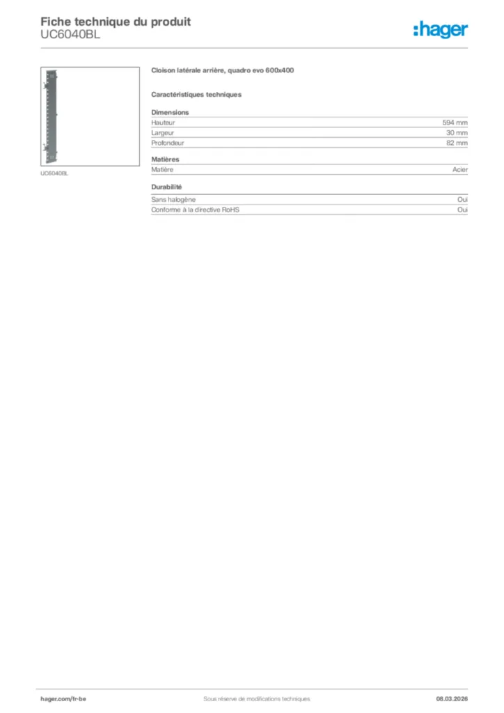 Image Hager Fiche technique du produit UC6040BL | Hager Belgique