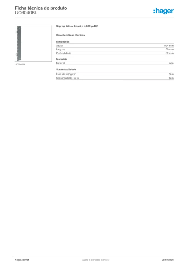 Imagem Hager Ficha técnica do produto UC6040BL | Hager Portugal