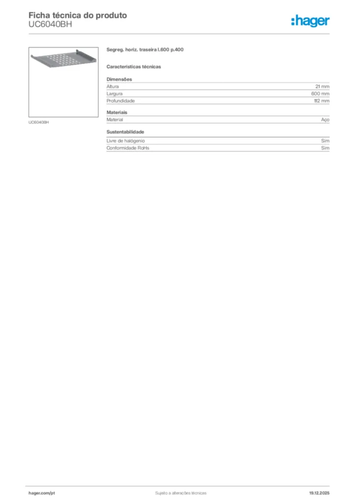Imagem Hager Ficha técnica do produto UC6040BH | Hager Portugal