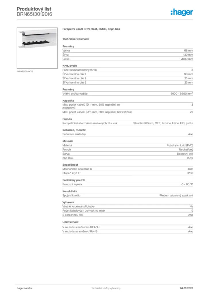 Obrázek Hager Product data sheet BRN6513019016 | Hager