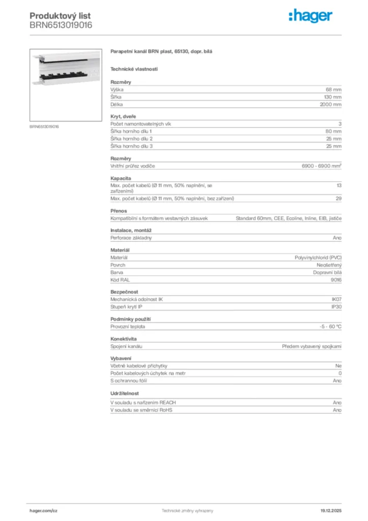 Obrázek Hager Produktový list BRN6513019016 | Hager
