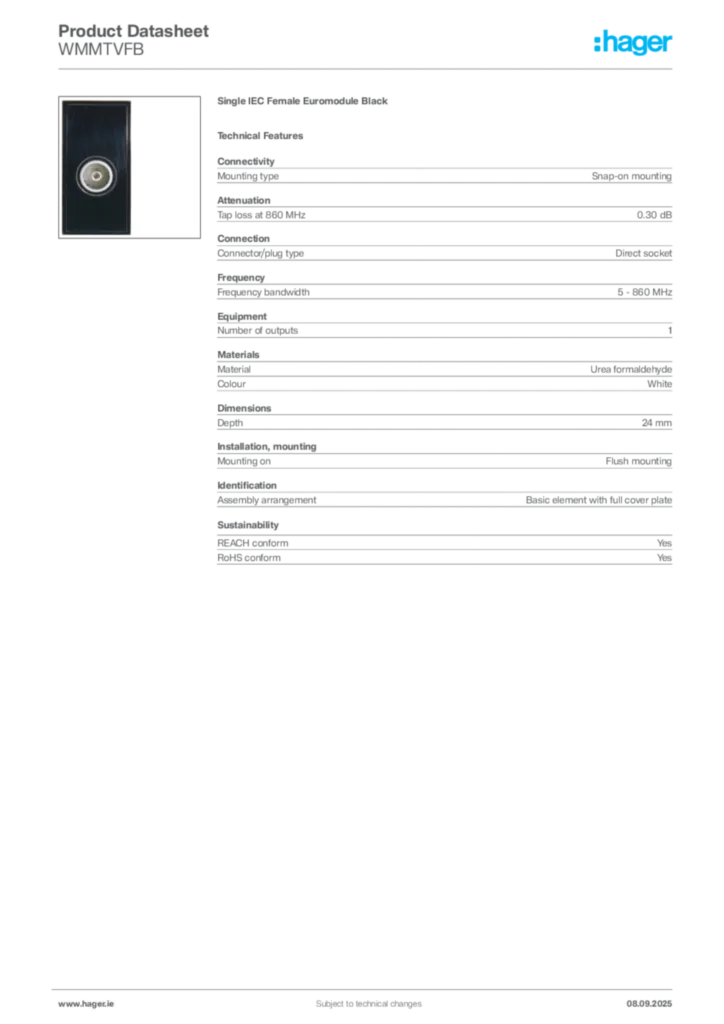 Image Hager Product data sheet WMMTVFB  | Hager