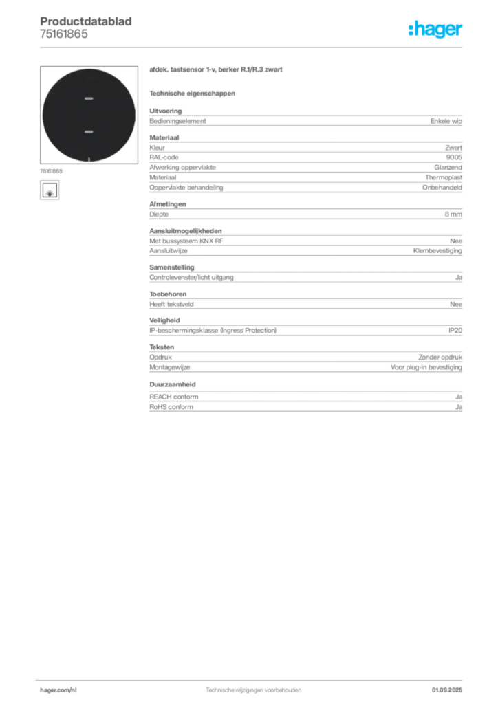 Afbeelding Hager Productdatablad 75161865 | Hager Nederland