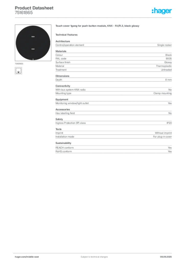 Image Hager Product data sheet 75161865  | Hager