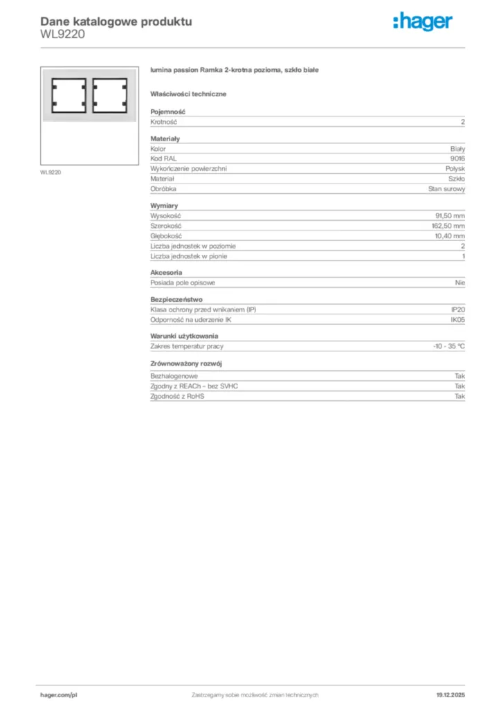 Zdjęcie Hager Karta katalogowa WL9220 | Hager Polska