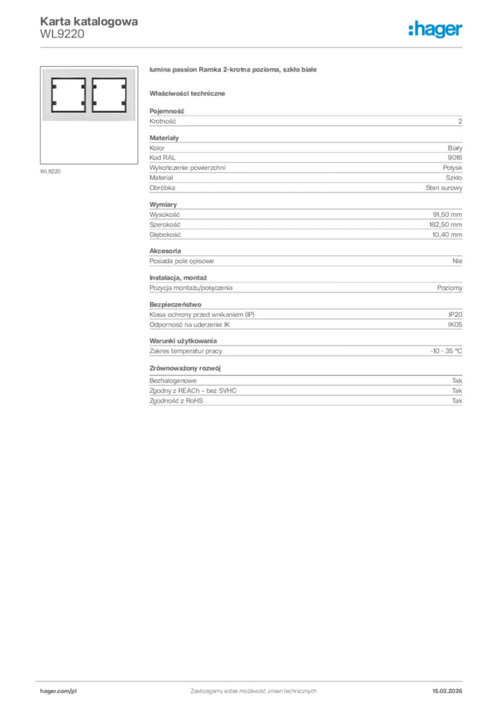 Zdjęcie Hager Karta katalogowa WL9220 | Hager Polska