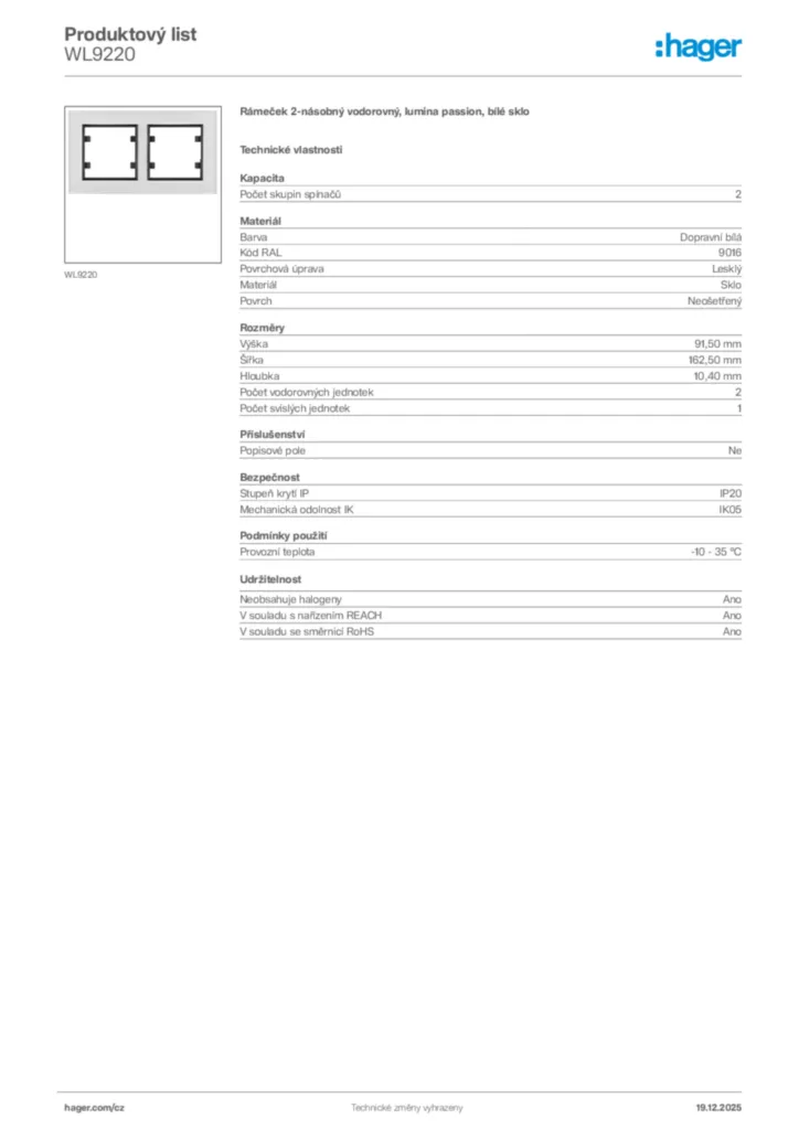 Obrázek Hager Produktový list WL9220 | Hager