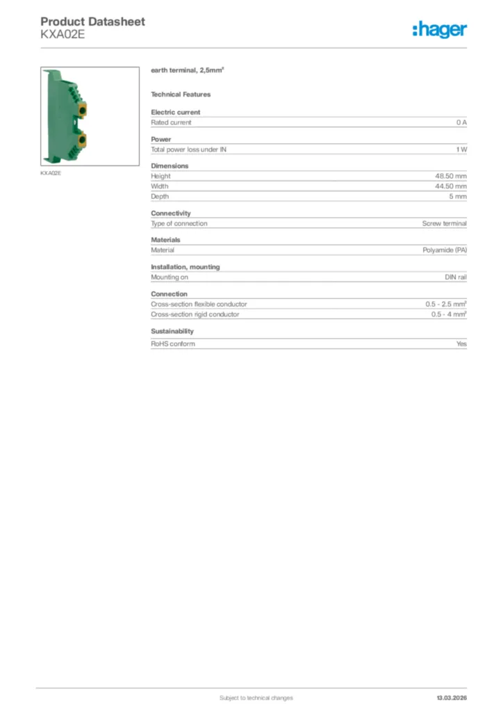Image Hager Product data sheet KXA02E  | Hager Africa