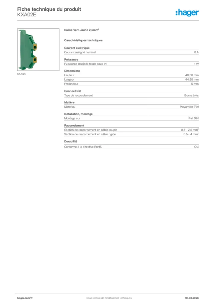Image Hager Fiche technique du produit KXA02E | Hager France