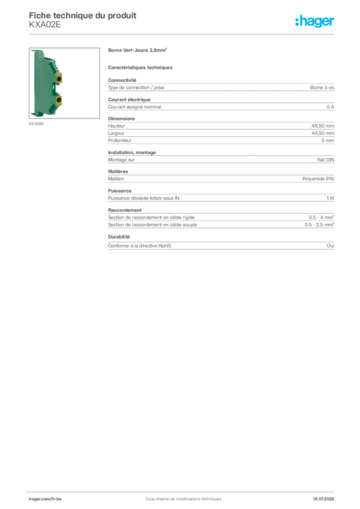 Image Hager Fiche technique du produit KXA02E | Hager Belgique