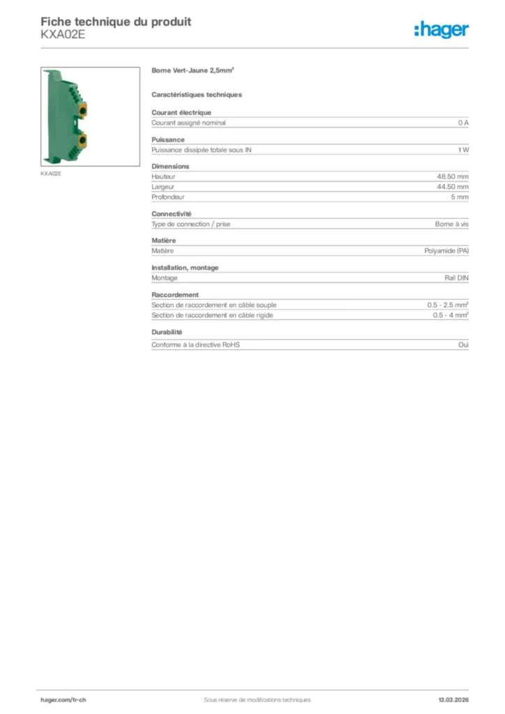 Image Hager Fiche technique du produit KXA02E | Hager Suisse