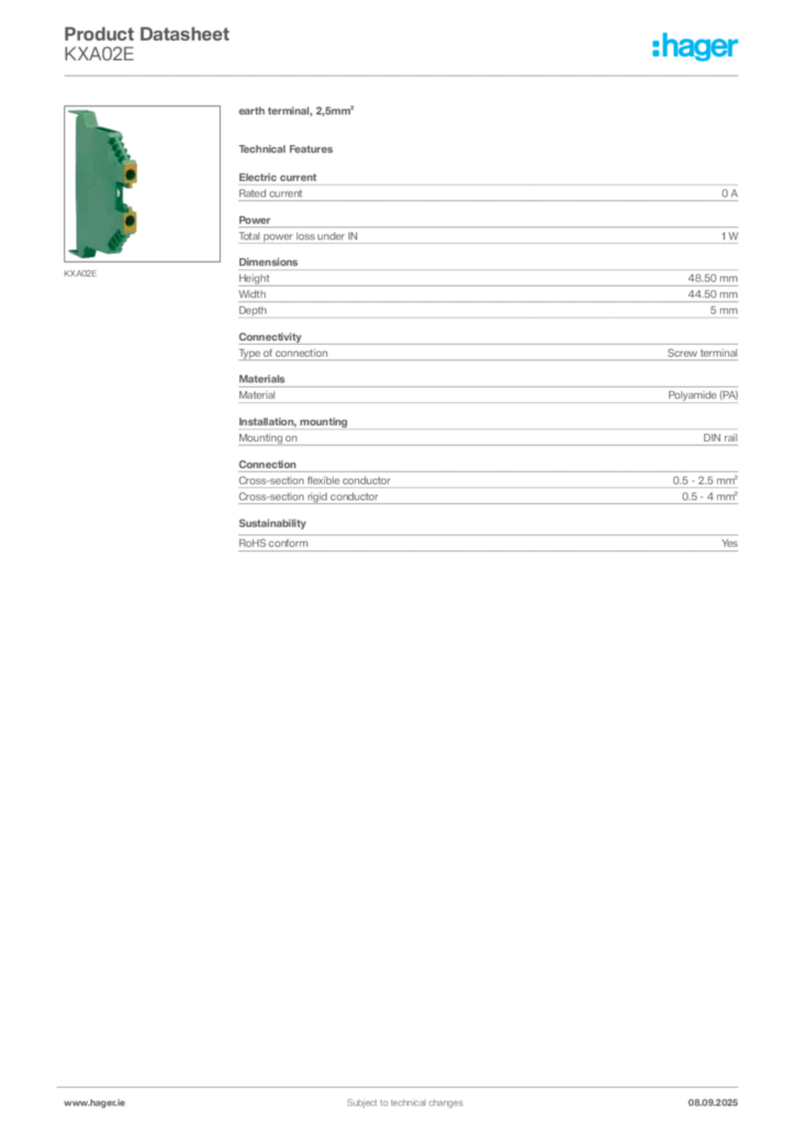 Image Hager Product data sheet KXA02E  | Hager
