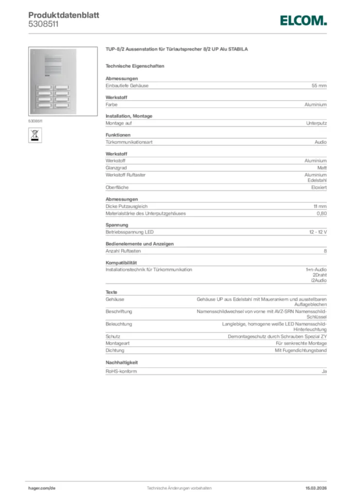 Bild Elcom Produktdatenblatt 5308511 | Hager Deutschland
