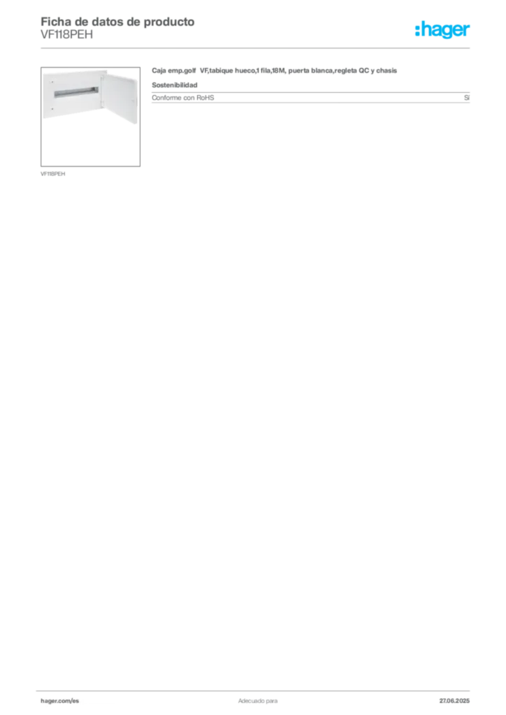 Imagen Hager Ficha de datos de producto VF118PEH | Hager España