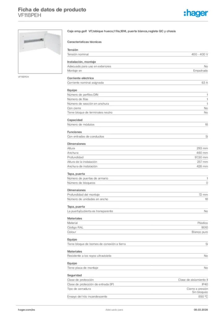 Imagen Hager Ficha de datos de producto VF118PEH | Hager España