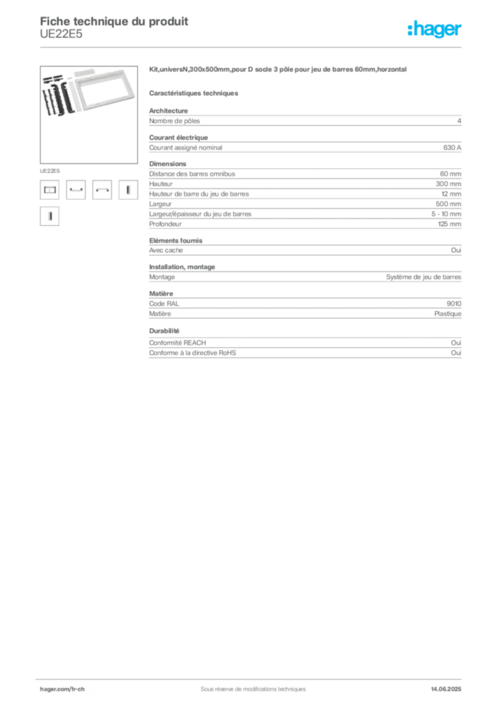 Image Hager Fiche technique du produit UE22E5 | Hager Suisse