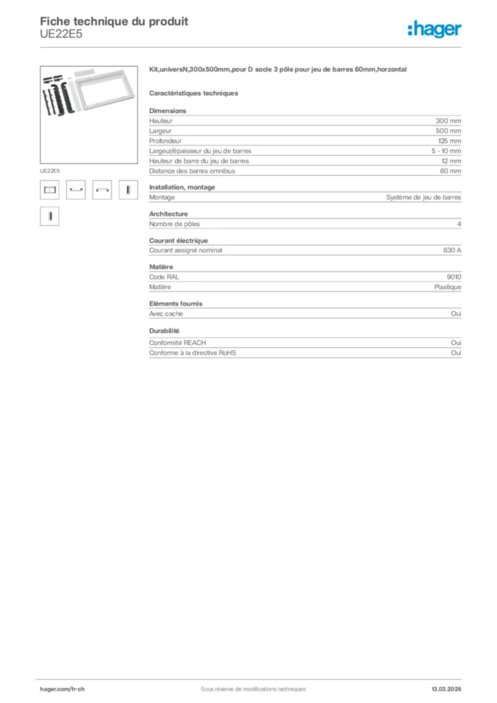 Image Hager Fiche technique du produit UE22E5 | Hager Suisse