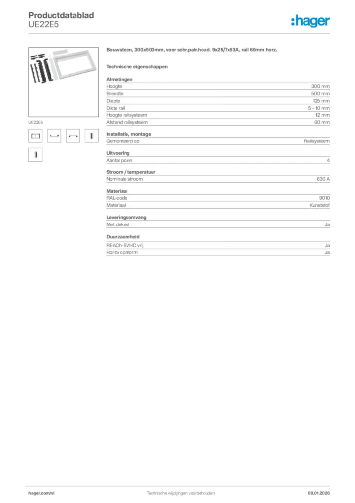 Afbeelding Hager Productdatablad UE22E5 | Hager Nederland