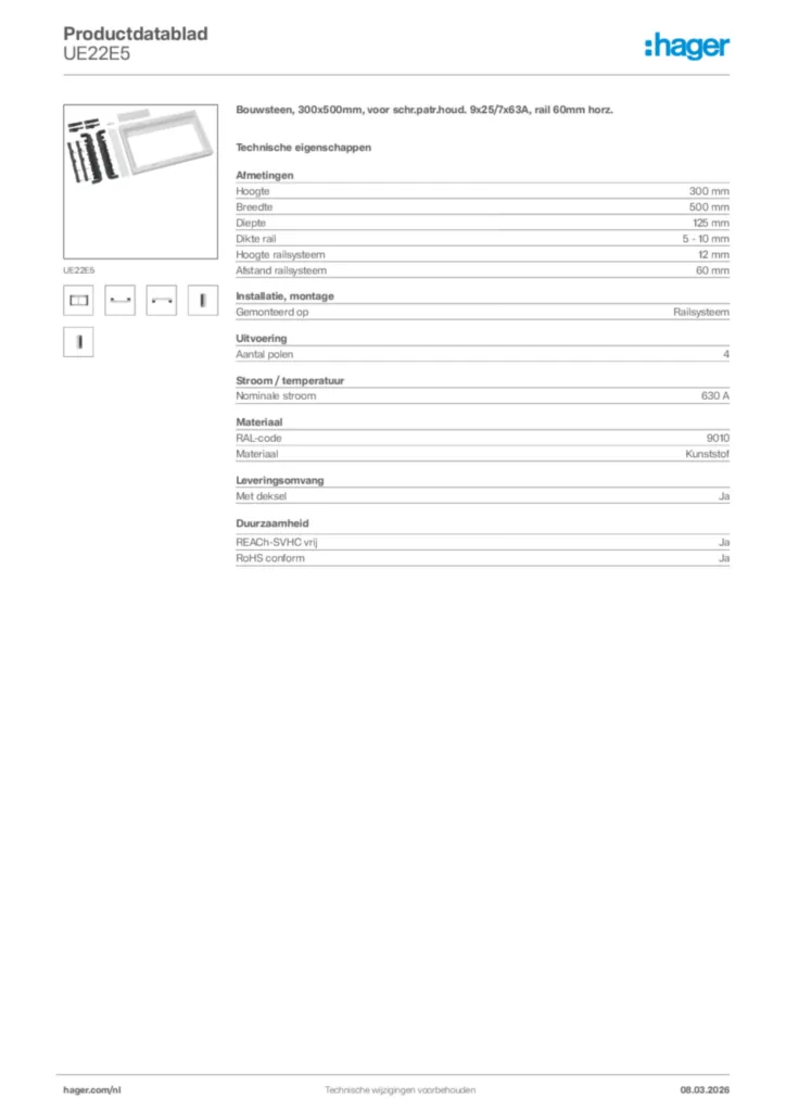 Afbeelding Hager Productdatablad UE22E5 | Hager Nederland