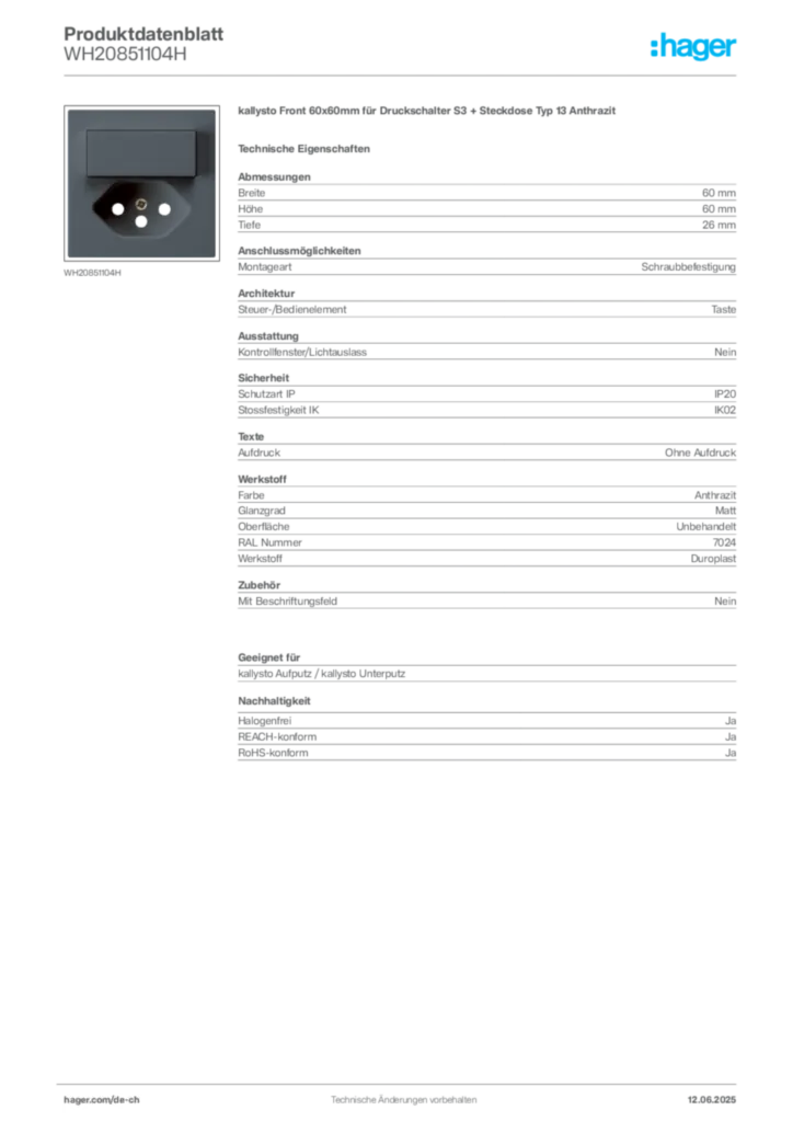 Bild Hager Produktdatenblatt WH20851104H | Hager Schweiz
