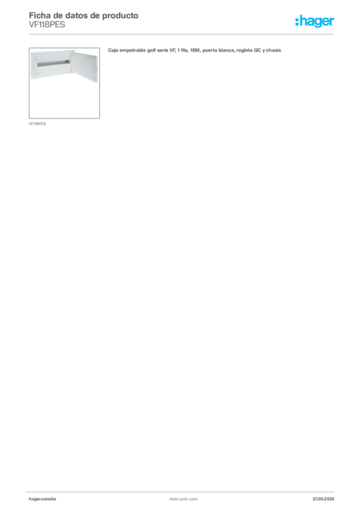Imagen Hager Ficha de datos de producto VF118PES | Hager España