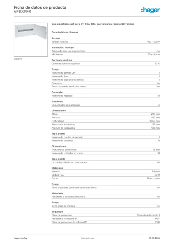 Imagen Hager Ficha de datos de producto VF118PES | Hager España