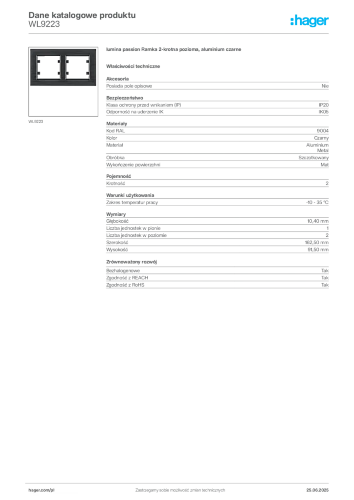 Zdjęcie Hager Karta katalogowa WL9223 | Hager Polska